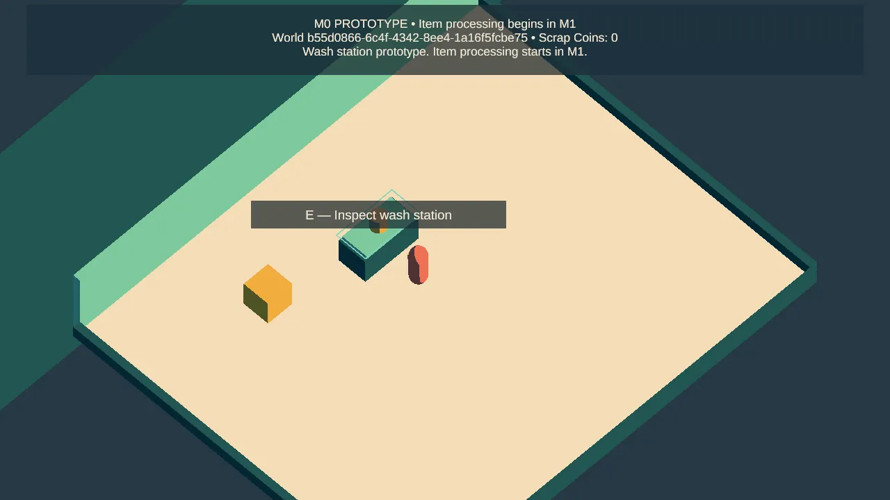 First prototype: a flat beige floor with a few coloured boxes and a capsule-shaped worker