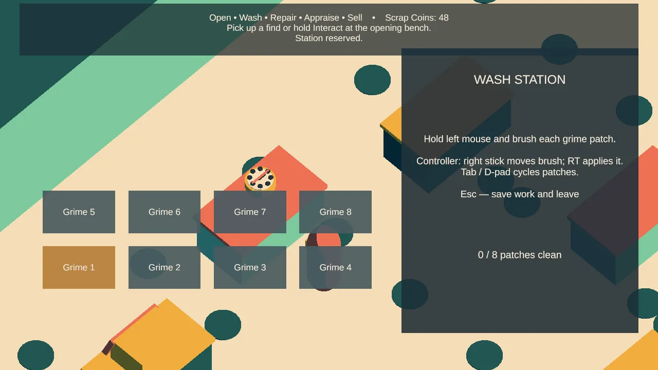 Early wash station: grime patches on a simple placeholder item