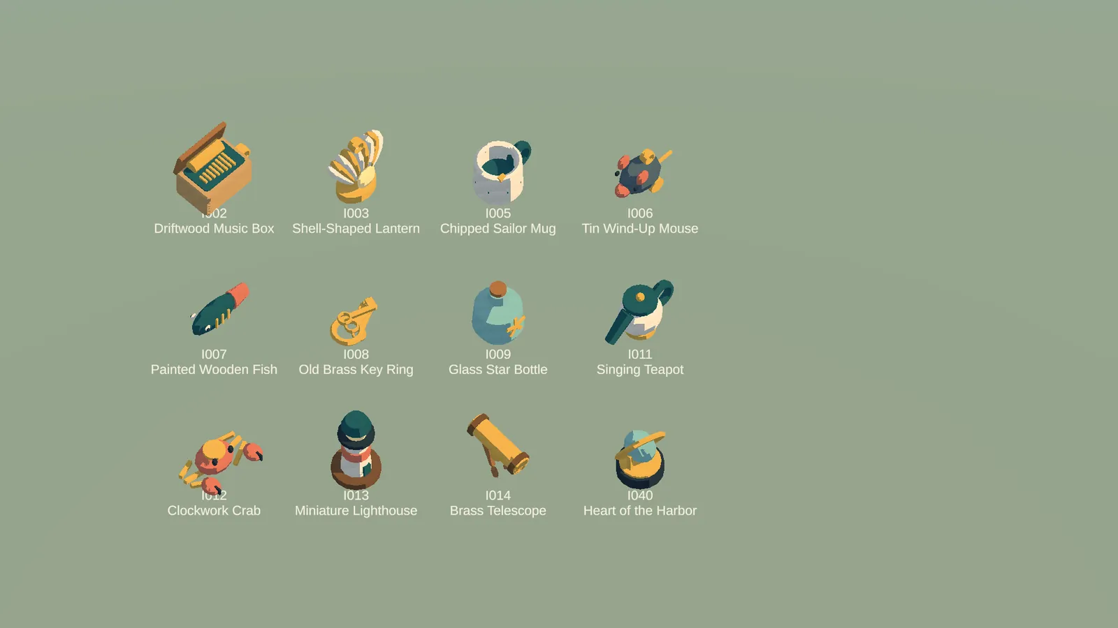 A row of original item models such as a music box, lantern and clockwork crab
