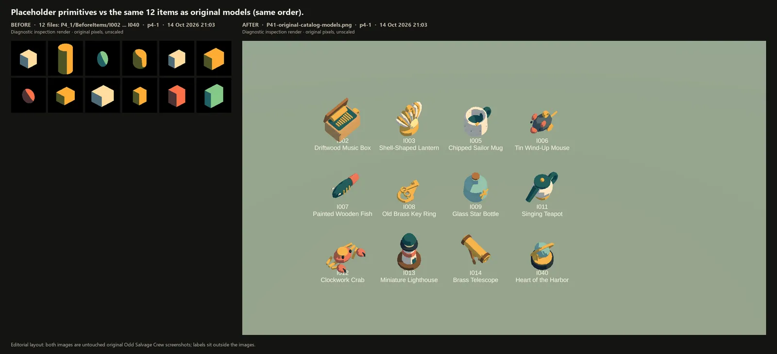 Side by side: twelve placeholder shapes and the twelve item models that replaced them