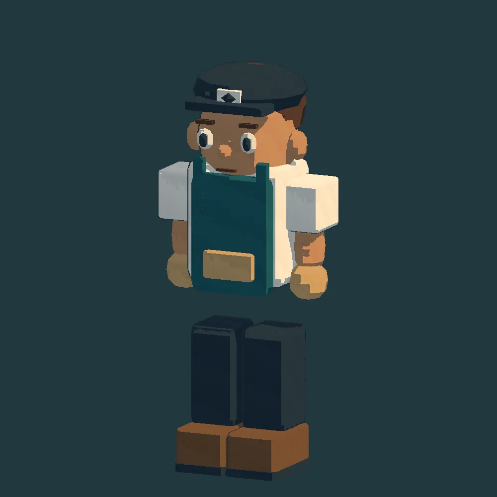 Before: The worker before and after: a blocky figure and a rounder figure with a cap and apron
